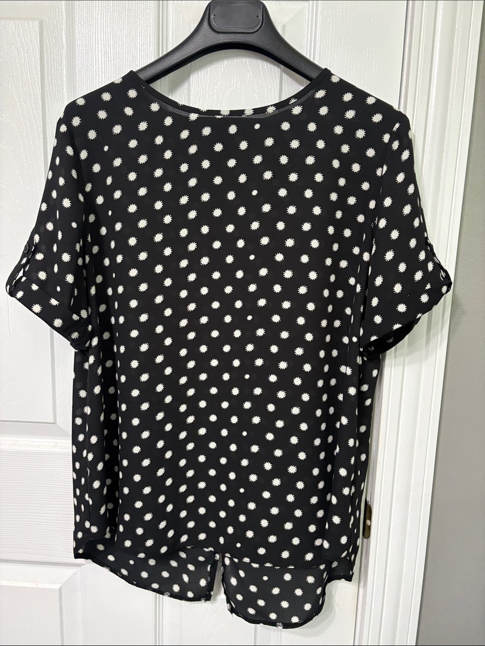 Suzy Shier Black Blouse with White Polka Dot Pattern